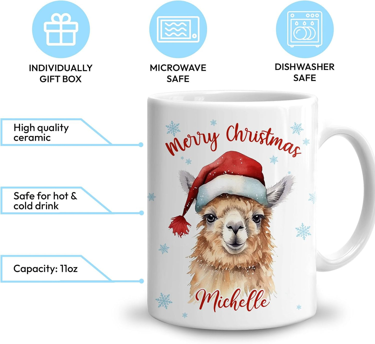 Hyturtle Personalized Gifts Llama Lover - Llama Wearing Santa Hat Custom Name Ceramic Coffee Mug Cup 11oz - Cute Animal Lovers Gifts For Women, Girl kids Family On Birthday, Christmas