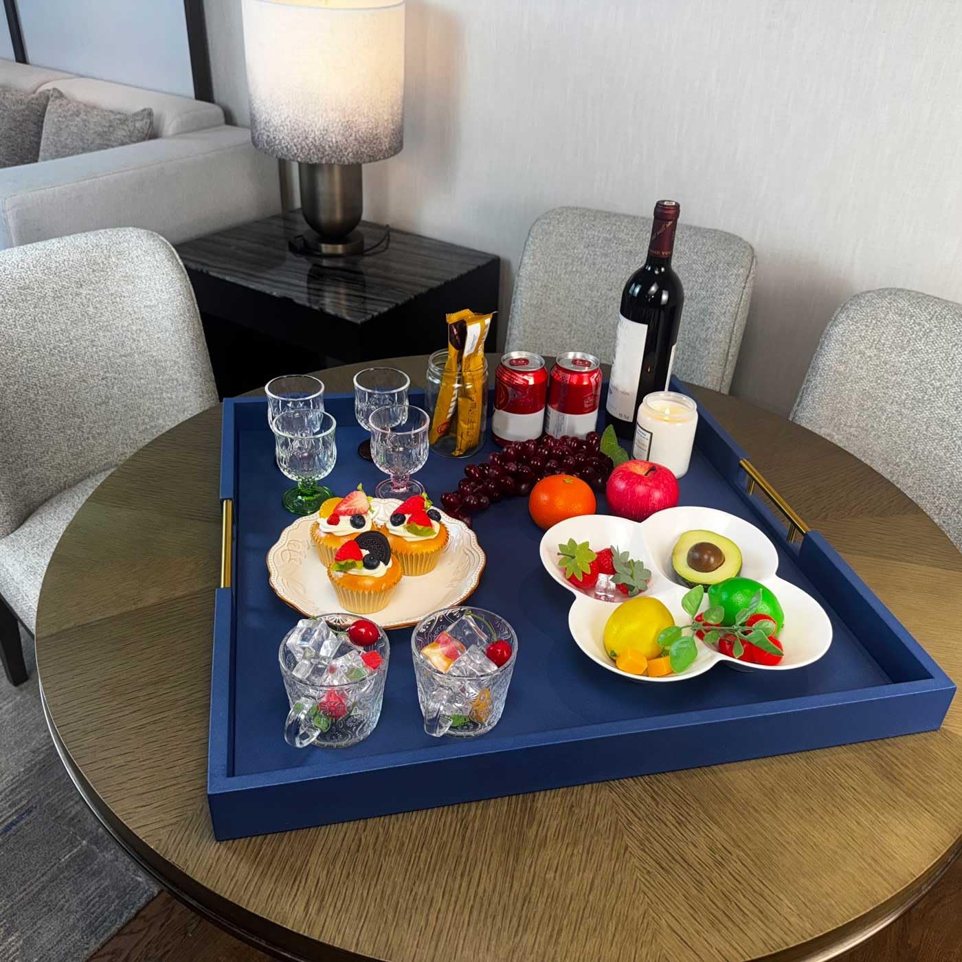 24x24 Inches Extra Large Blue Faux Leather Wrapped Wood Ottoman Tray with Golden Handles for Serving Food and Breakfast On Bed, Square Coffee Table Organizer, Home Decor and Decorative