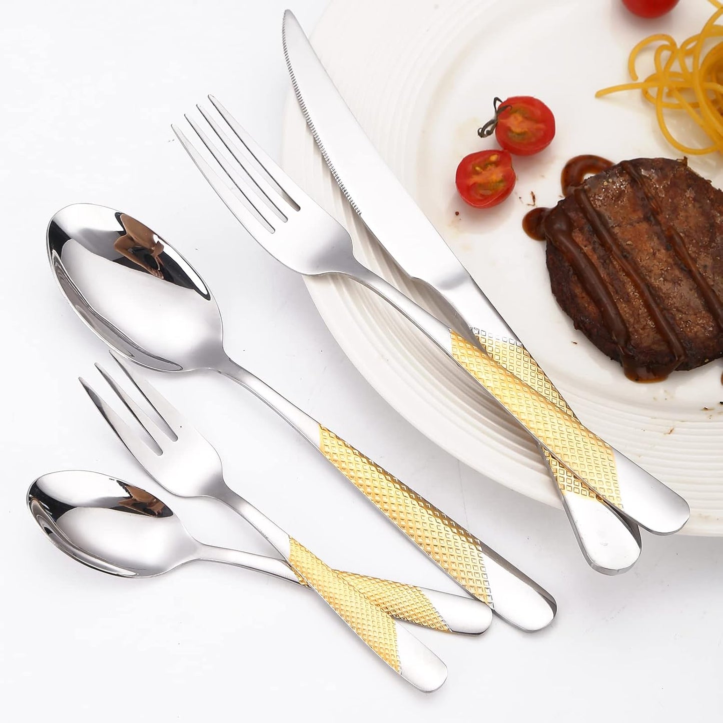 A·HOUSEWARE Hammered Silverware Gold and Silver Flatware Stainless Steel Cutlery Sets for 4 Forks Spoons knives Patten Handle Kitchen Utensils for Restuarant and Home