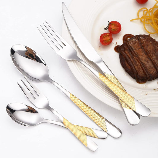 A·HOUSEWARE Hammered Silverware Gold and Silver Flatware Stainless Steel Cutlery Sets for 4 Forks Spoons knives Patten Handle Kitchen Utensils for Restuarant and Home