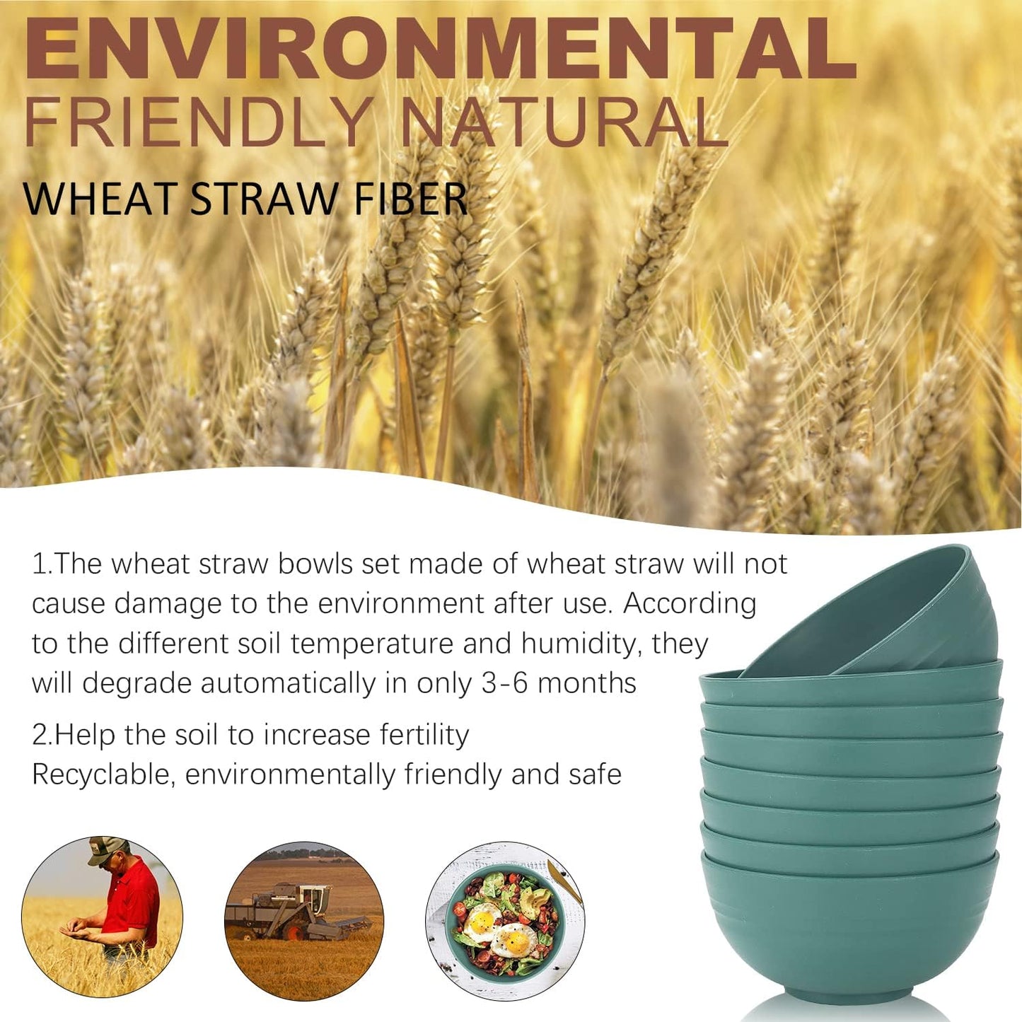 Homienly Wheat Straw Cereal Bowls 26 OZ, Microwave and Dishwasher Safe Wheat Straw Bowls, Alternative to Plastic Bowls Reusable, Unbreakable Bowl for Serving, Snack, Dinner, Soup(Green, 26 OZ)