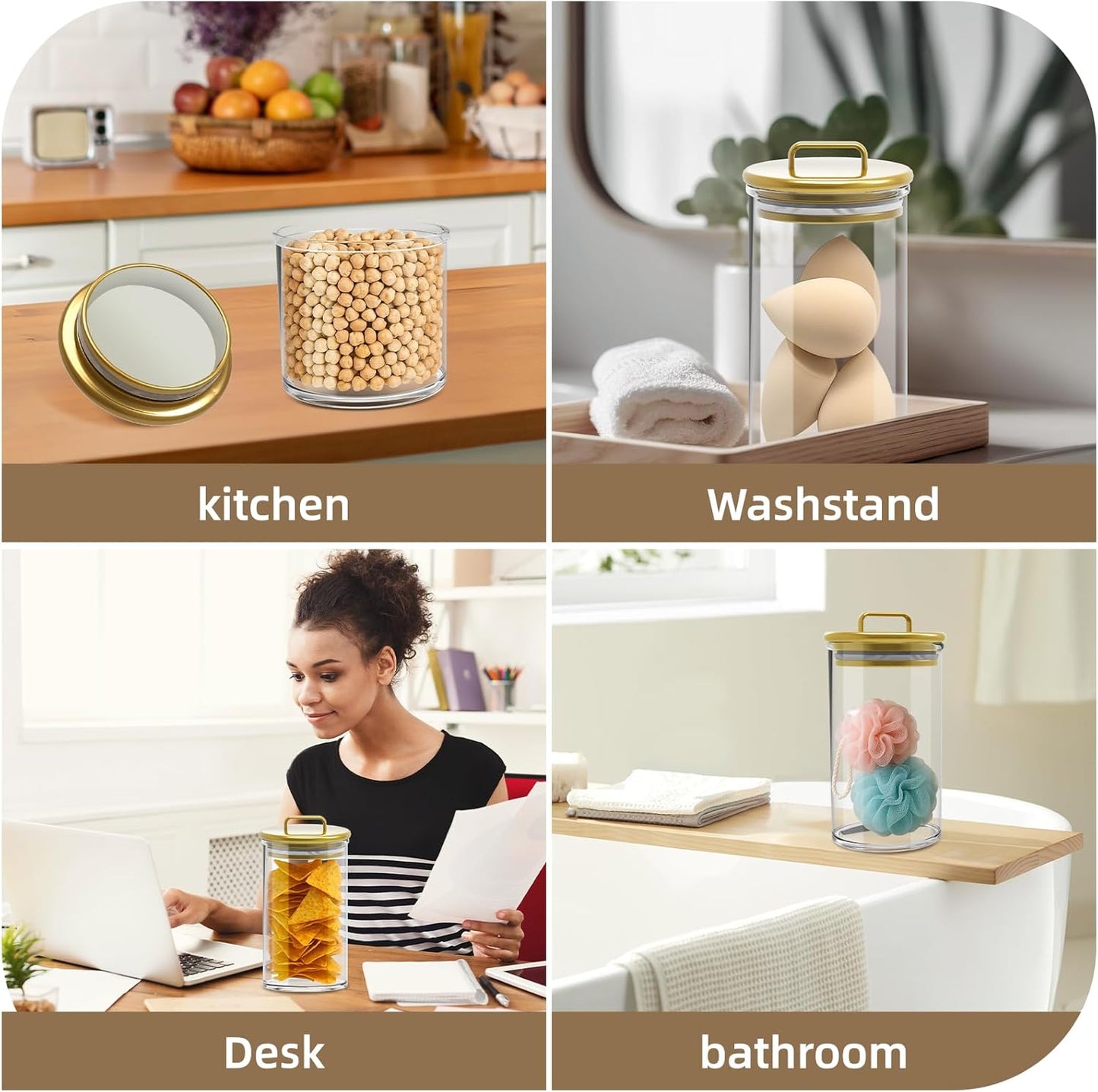 Gold Candy Jar with Lid – 16oz Decorative Clear PET Jar for Office Desk, Kitchen, or Bathroom – Cute Storage Container, Canister for Kitchen and Desk Organization