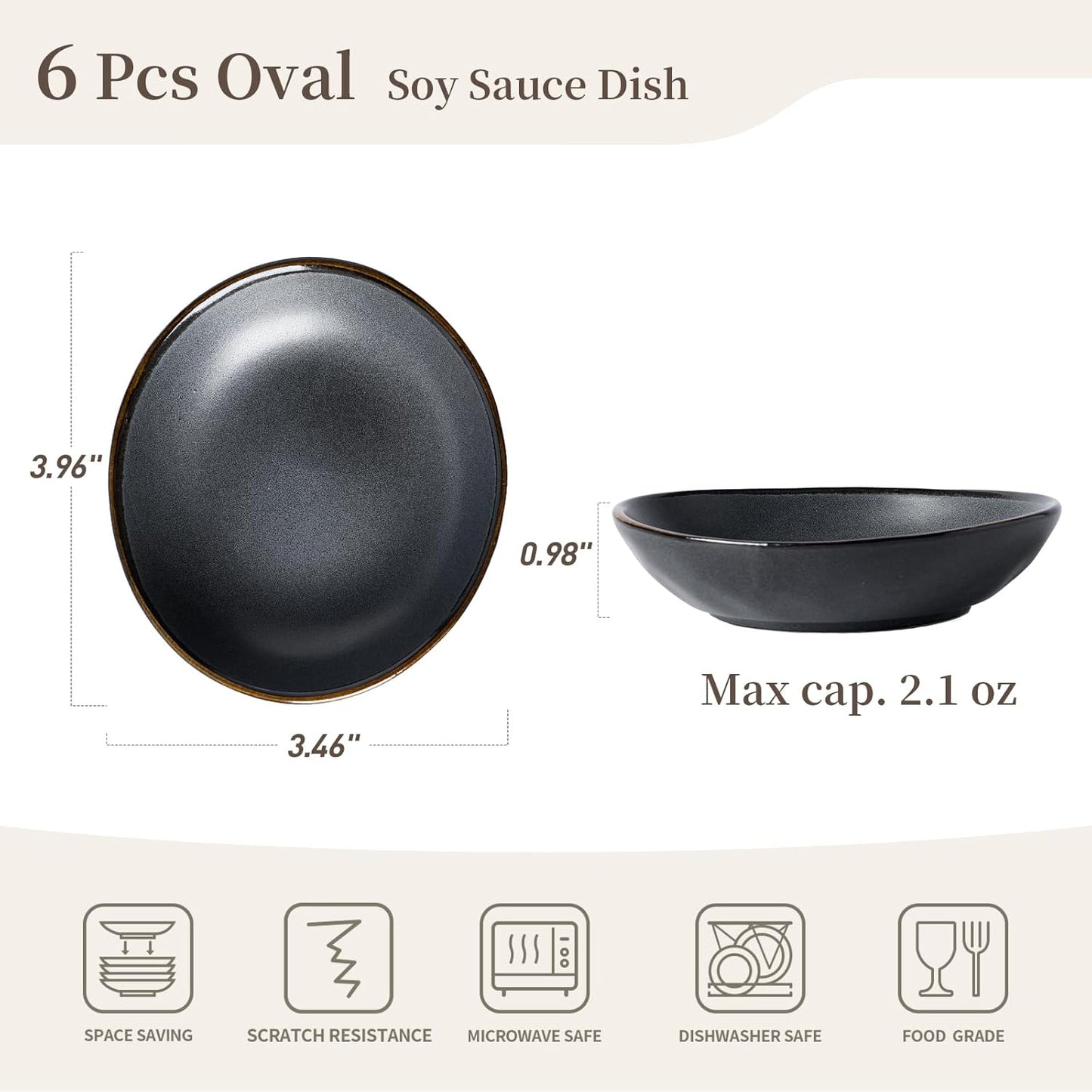 famiware Ocean Soy Sauce Dishes of 6, Oval Dipping Sauce Cups/Bowls for Kitchen, 2.1oz Ceramic Small Bowls for Side Dish, Appetizers, Snacks, and Sushi, Reactive Glaze, Dishwasher Safe, Matte Black