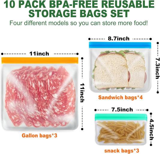 10 Pack Reusable Food Storage Silicone Bags, 3 Large Food Storage Bags Gallon Freezer Bags 4 Reusable Sandwich Bags 3 Snack Bags, Lunch Home Kitchen Fridge Organization Meal Prep Containers