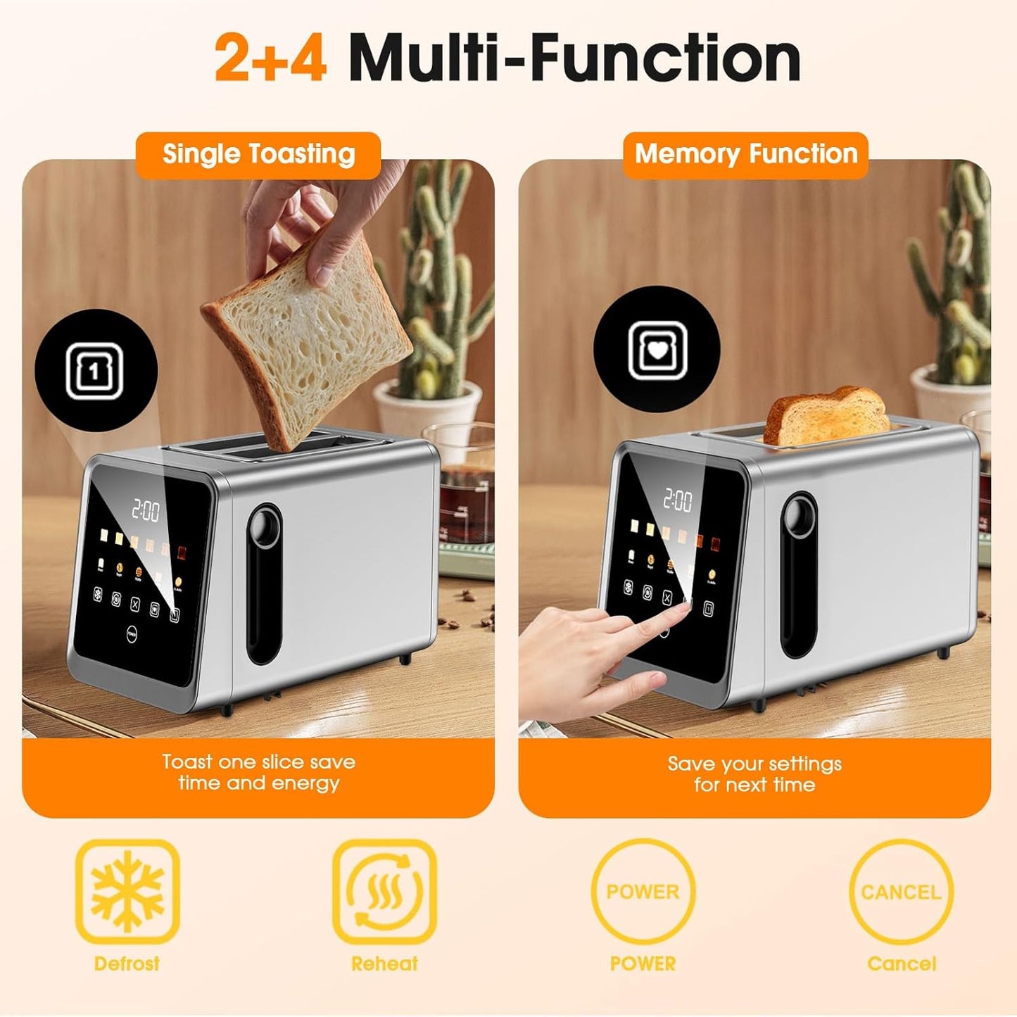Touch Screen Toaster 2-Slice with 1.5" Wide Slots & Memory Recall | 900W Stainless Steel Smart Digital Toasters | 6 Shade Settings for Bagels & Thick Bread