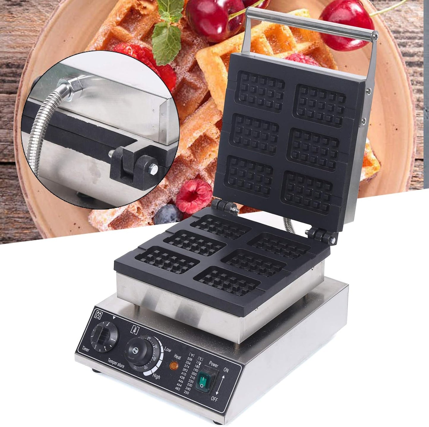 1750W Commercial Waffle Maker, 6 Grids Electric Square Waffle Maker Non-Stick Stainless Steel Belgian Waffle Iron w/Time & Temper Adjustable| Temper Comparison Table, Large Waffle Machine Restaurant