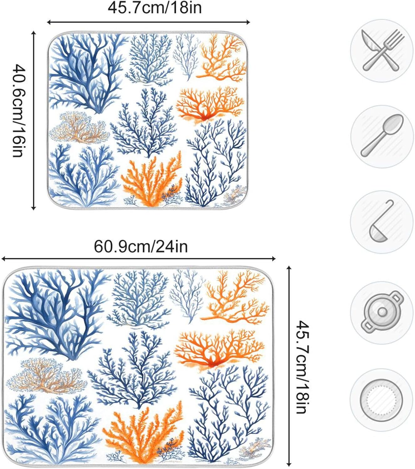 Coral and Seaweed Dish Drying Mat for Kitchen Counter Super Absorbent Dishes Pad Reversible Microfiber Protector Dish Draining Mats 18x24 inch