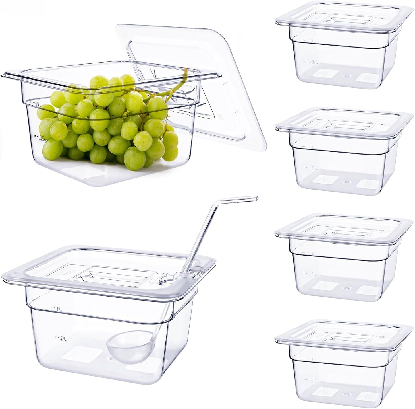 6 Pack Plastic Clear Food Pans with Lids, 1/6 Size 4'' Deep Commercial Stackable Polycarbonate Pans Hotel Food Storage Pan with 1 Pcs Spoon for Fruits Vegetables