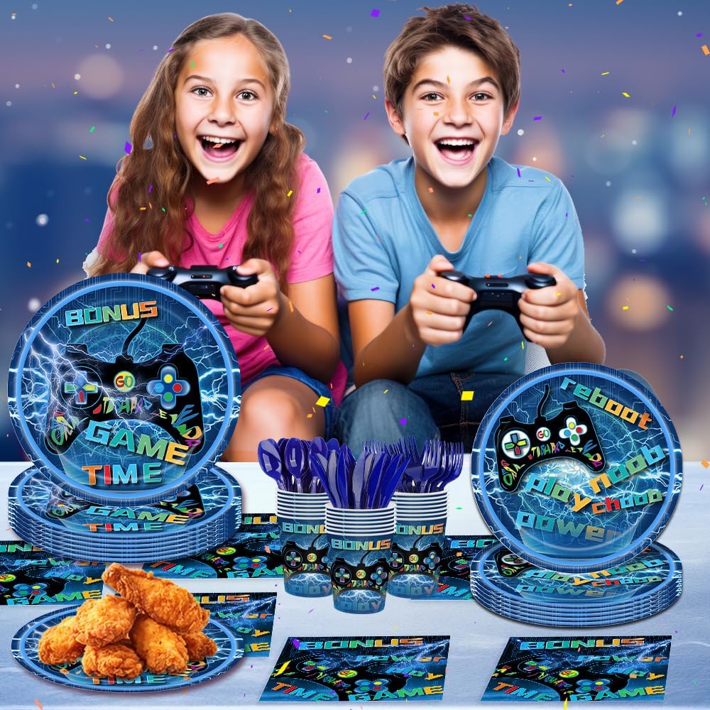 142 Pcs Video Game Birthday Decorations Gaming Birthday Party Supplies Disposable Paper Plates Napkins Cups Serve 20