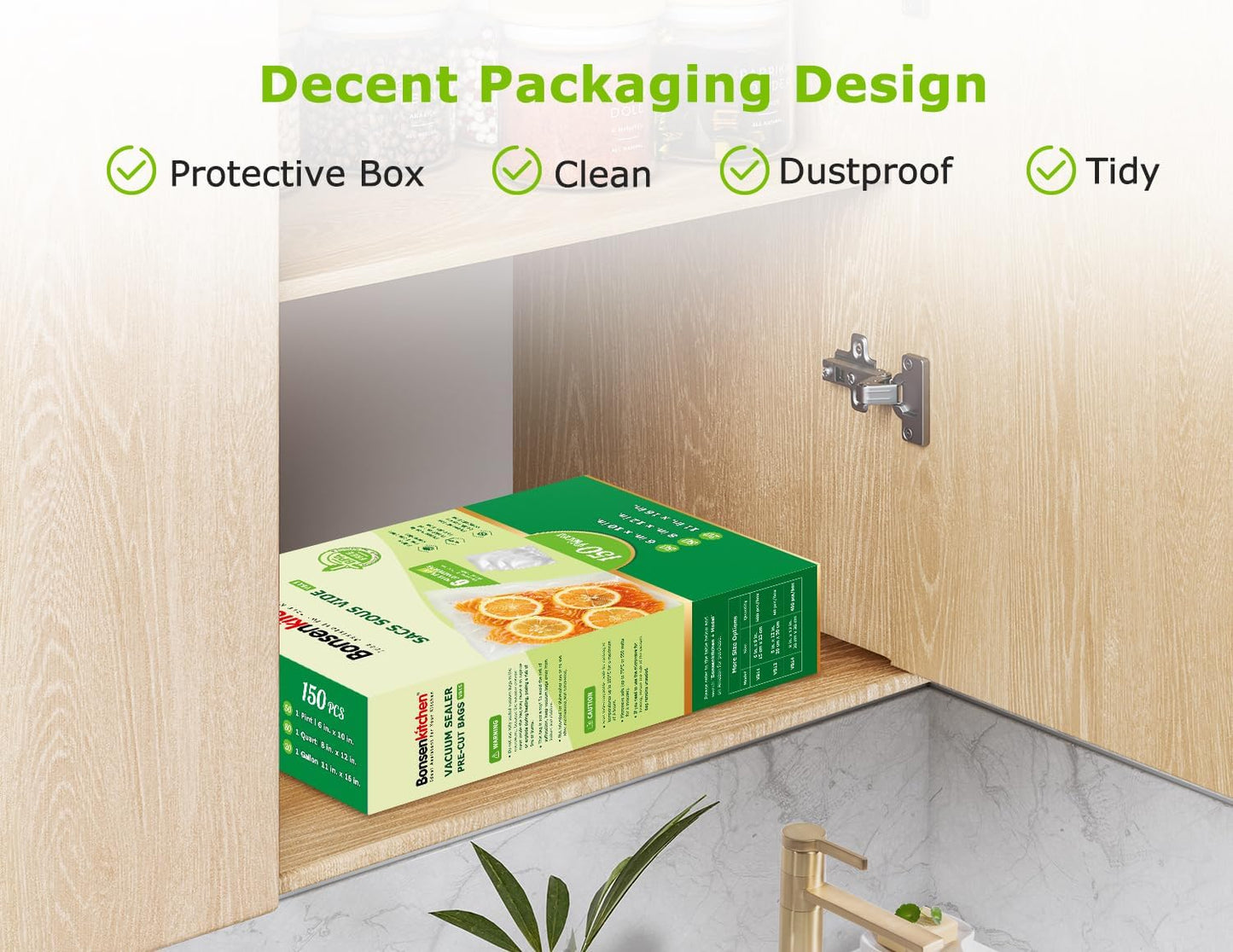 Bonsenkitchen Precut Vacuum Sealer Bags, 20 Gallon 11" x 16"+ 80 Quart 8" x 12"+ 50 Pint 6" x 10", Commercial Grade, BPA Free, Food Sealer Bags for Vac Storage, Meal Prep or Sous Vide Cooking, VB15