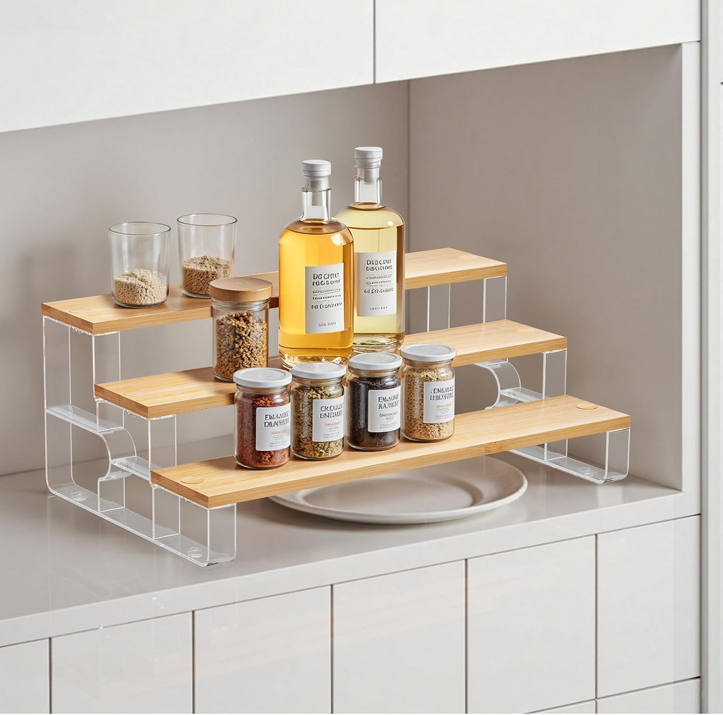 junyuan Spice Rack Organizer for Cabinet,3 Tier Spice Organization for Kitchen,Bathroom Organizers and Storage,Seasoning Countertop Shelf,Bamboo Display Shelves Racks,Clear 11.2"