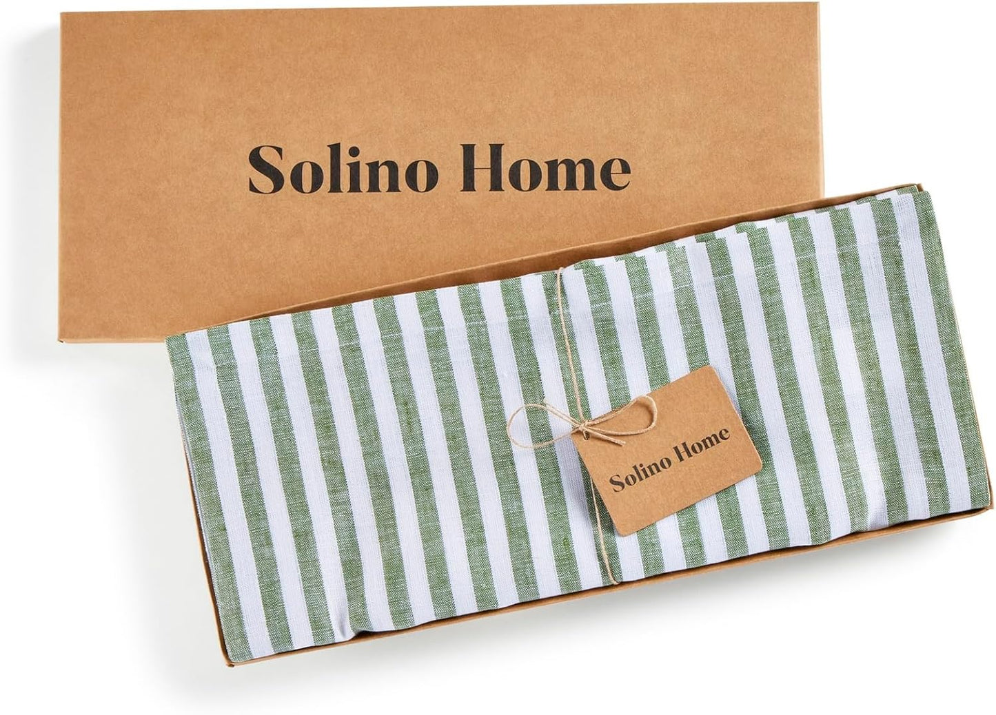 Solino Home Linen Table Runner 132 Inches Long - Amalfi Stripe, 100% Pure Linen Green and White Table Runner 14 x 132 Inch for Dining