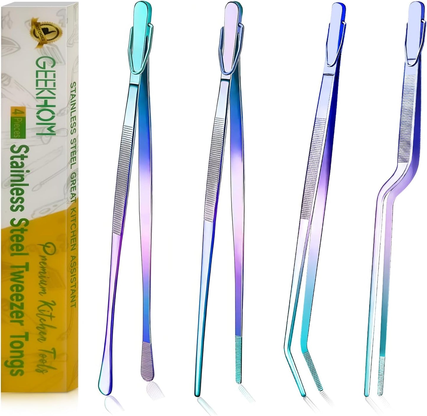 GEEKHOM Tweezer Tongs for Cooking, [4 Pack]12-inch Fine Long Food Tongs, Stainless Steel Kitchen Tweezers, Professional Chef Tongs for BBQ, Baking, Roasting, Dessert Decoration, Steak, Salad, Colorful