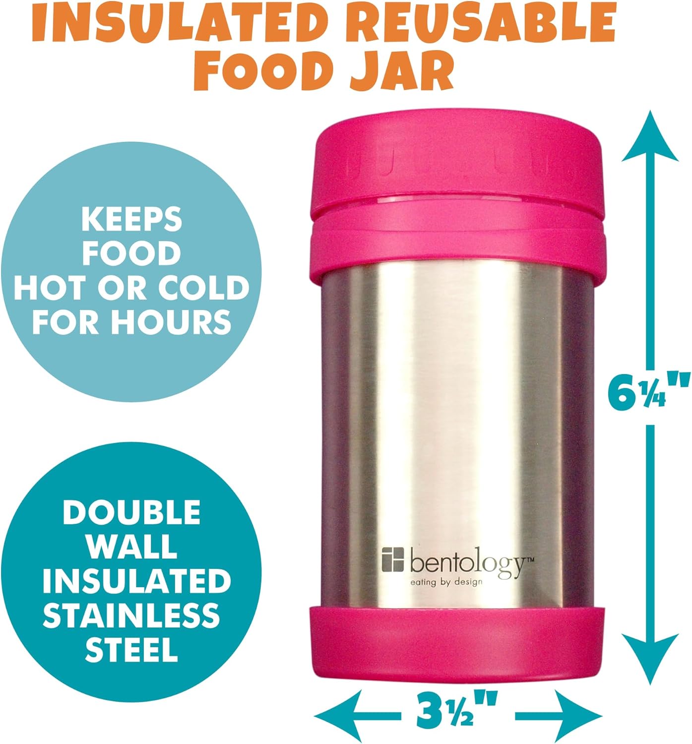 Bentology Stainless Steel Vacuum Insulated Food Jar - 17 oz Pink - Large Lunch Jar for Soup and more - Contains No Phthalates, BPA, or PVC