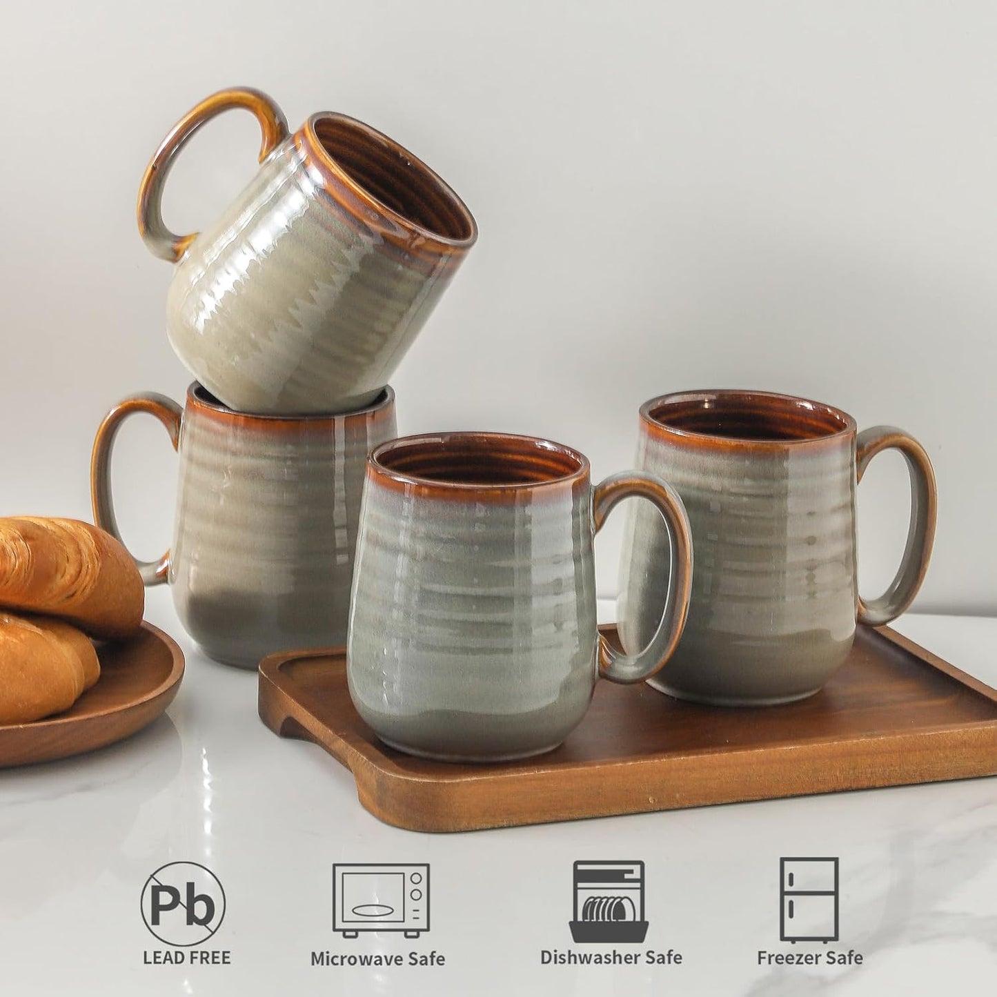 MEKY Coffee Mugs, 15oz Ceramic Coffee Cups with Comfortable Handle for Latte, Milk, Cappuccino, Cocoa, Tea Cups for Office and Home, Dishwasher and Microwave Safe, Set for 4, Brown