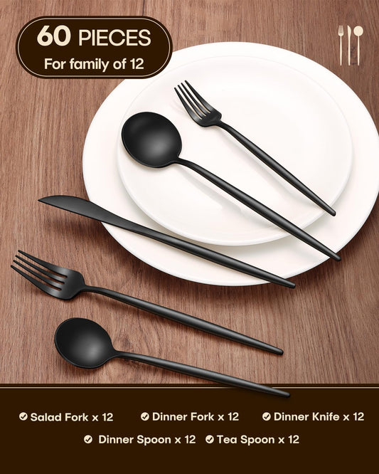 Stapava 60-Piece Matte Black Silverware Set, Stainless Steel Flatware Set for 12, Satin Finish Tableware Cutlery Utensils Set, Include Forks Spoons and Knives Set for Home Restaurant, Dishwasher Safe