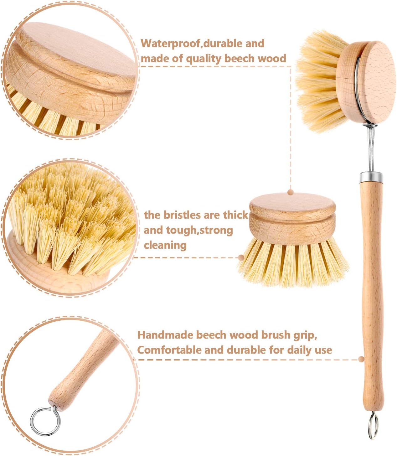 Boao Dish Brush with Beechwood Handle with 2 Replacement Heads Natural Wood Dish Scrub Brush for Washing and Cleaning Pots and Pans