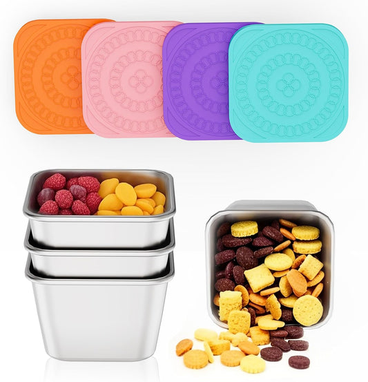 Set of 4 Stainless Steel Snack Containers for Kids and Toddler;Snackle Box Container;Leak Proof Stackable Small Metal Food Containers with Silicone Lids