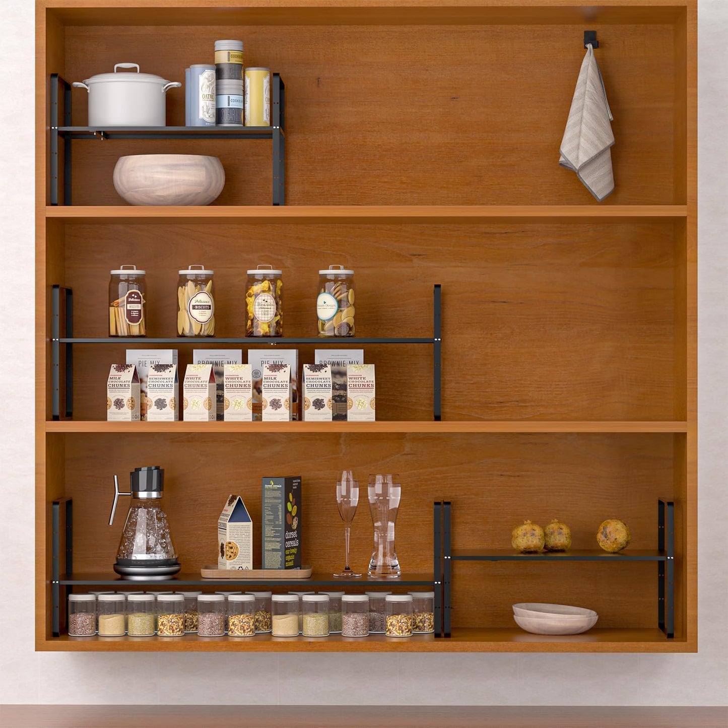 Redrubbit Expandable Cabinet Shelf Organizers, Stackable Kitchen Counter Shelves Spice Rack for Kitchen Bathroom Pantry Cupboard Desk Home Office, Metal Plate Heavy Duty Nonslip Black, Set of 2