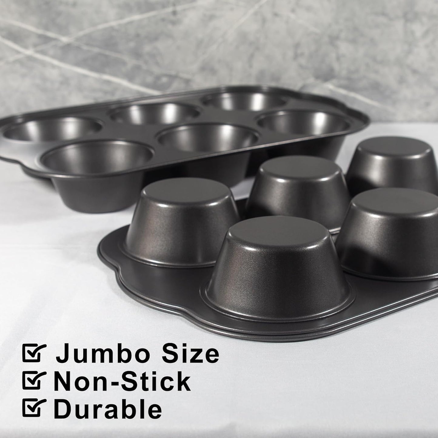 Non-Stick Jumbo Muffin Pans, 3.5" 6-Cup Set of 2 Baking Pans, Heavy Duty Carbon Steel Tins for Extra-large Muffins & Cupcakes