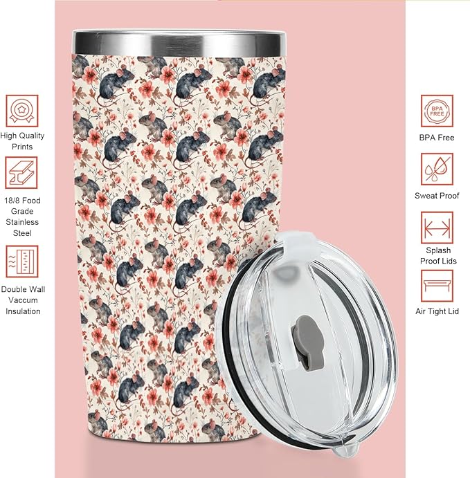 Cute Rat Tumbler, Funny Rat Loves Gifts, 20 oz Stainless Steel Coffee Mug，Travel Cup，Insulated Cup with Lid for Car, Animal Lovers Gifts for Women Boy Girls Sister Friend Christmas Birthday