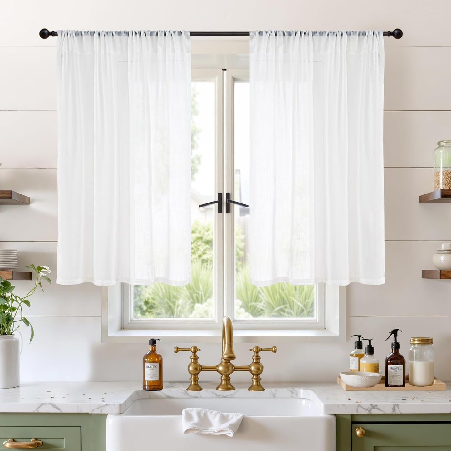 BGment 40 Inches Long White Linen Curtains for Kitchen Cafe Window - Semi Sheer Short Length Drapes with Rod Pocket Light Filtering for Bedroom Bathroom Lightweight, 2 Panels Set, 42 X 40 Inch