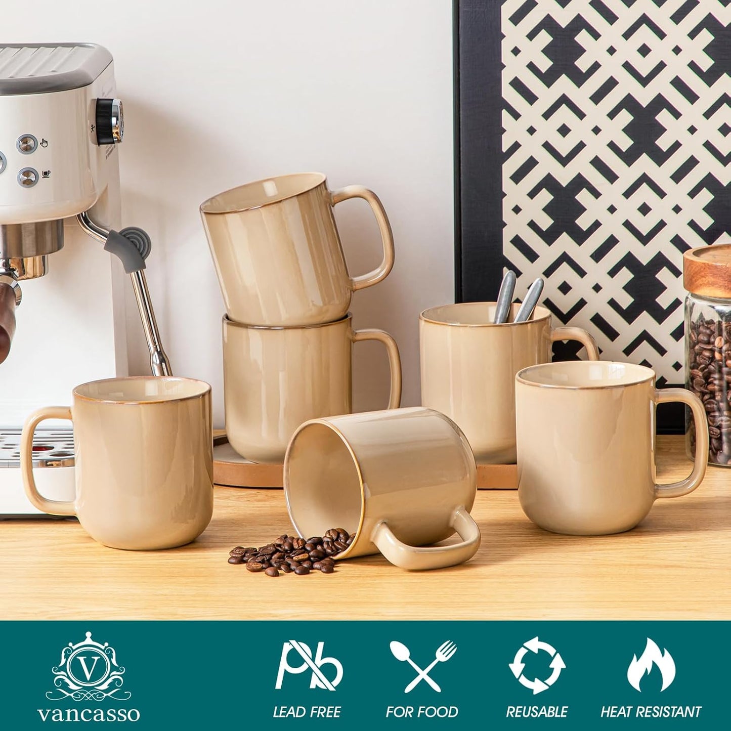 vancasso 16 oz Coffee Mugs Set of 6, Large Ceramic Mug with Handle, Unique Glaze Coffee Cups for Latte, Cappuccino & Hot Cocoa, Dishwasher & Microwave Safe, Brown, Series PLAYA