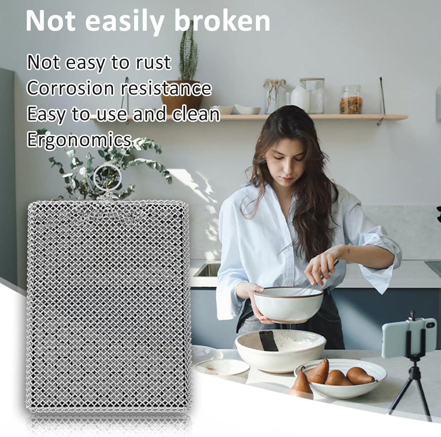 316L Stainless Steel Cast Iron Scrubber Cleaner,Chain Mail Scrubber with Silicone Insert,for Cast Iron Skillet, Cleaning Steel Skillet, Wok, Carbon Steel (8CM*10CM)