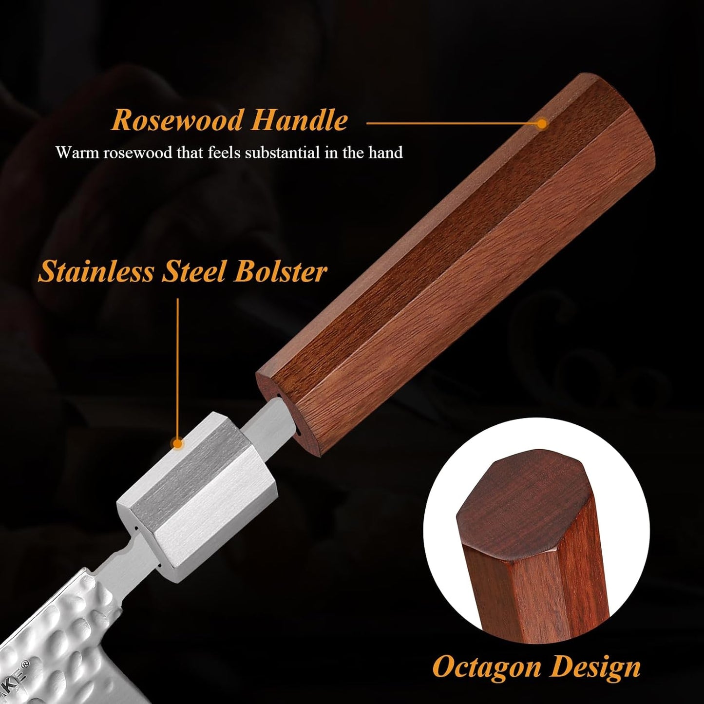 KEEMAKE Kitchen Knife Set 4pcs - Chef Knife Set with 3-layer Japanese 9CR19MOV Clad Steel Blade, Sharp Knives Set for Kitchen with Octagon Rosewood Handle Kitchen Knives