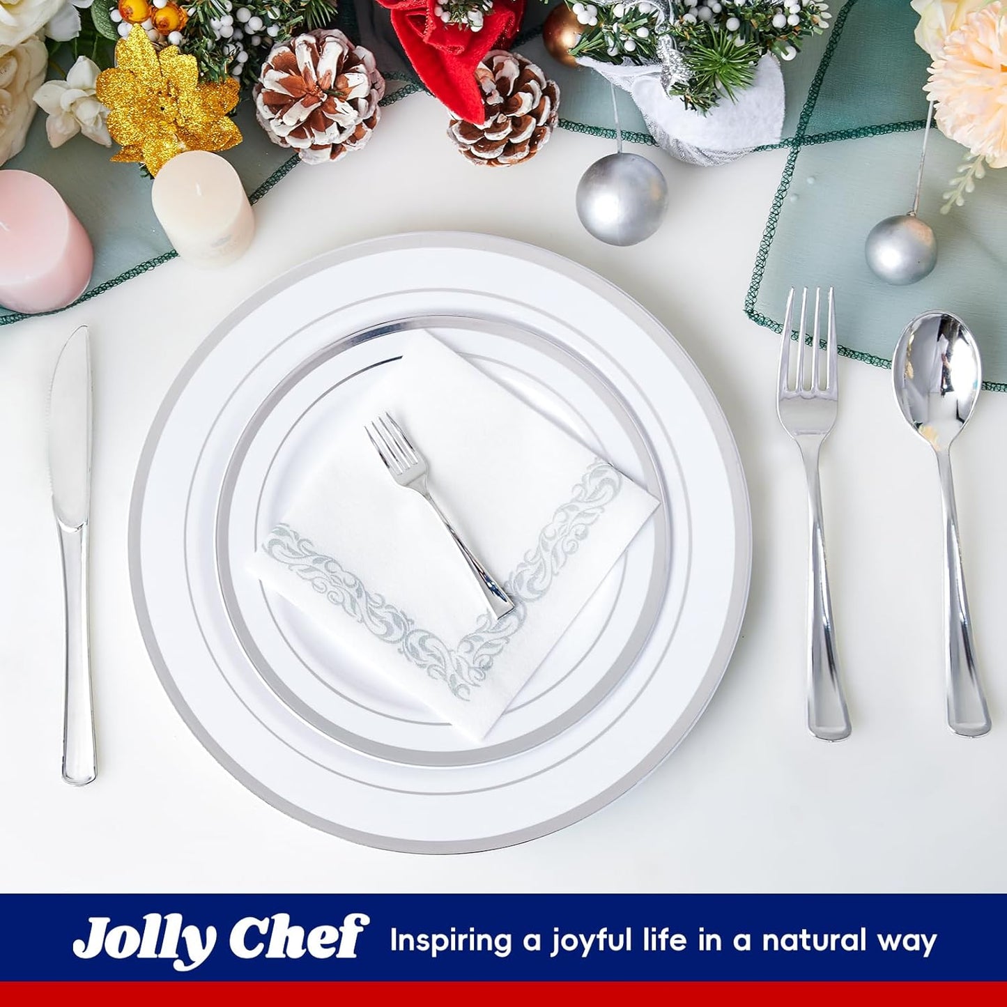 250 Count Silver Disposable Plastic Dinnerware Set, 50 Silver Plates, 25 Plastic Silverware, 25 Cups and Straws, 50 Napkins, Perfect for Wedding Party