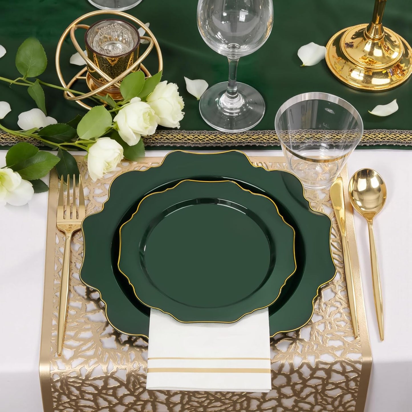WDF 175Pcs Green Plastic Plates - Green Plates Disposable with Gold Rim - Christmas Plastic Plate - Fancy Disposable Dinnerware Sets 25 Guests Ideal for Christmas/Party/Wedding