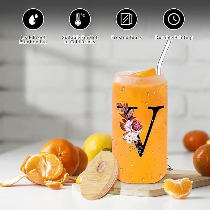 Monogrammed Glass Drinking Cup With Lid Straw Women Men Teacher Christmas Gifts Math Biology Piano Future Mentor Speech Substitute Ballet Drama Guitar Yoga Montessori Physics Chemistry Band,V