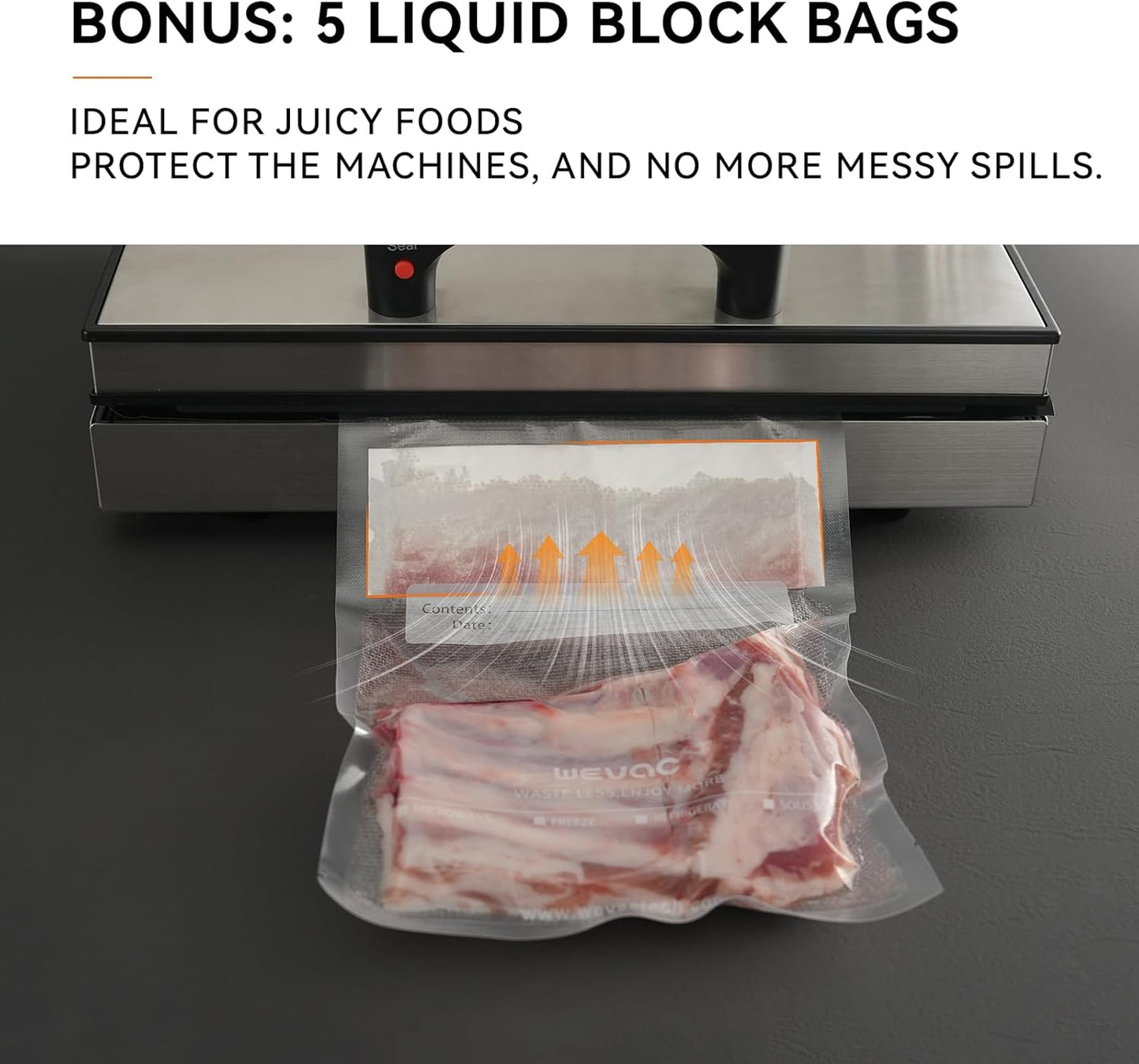 Wevac 6" x 10" Precut Vacuum Sealer Bags, 200 Count, Includes 5 Liquid Block Bags & 5 Bone Guard Pieces, Heavy Duty for Food Storage, Sous Vide & Meal Prep