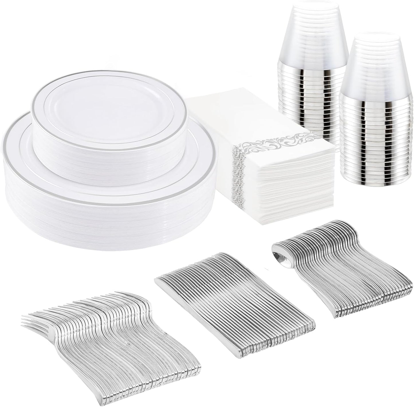 175Pcs Silver Plastic Dinnerware Set, Plastic Plates Disposable for 25 Guests Include:25 Dinner Plates, 25 Dessert Plates, 25 Paper Napkins, 25 Cups, 25 Silver Plastic Silverware Set
