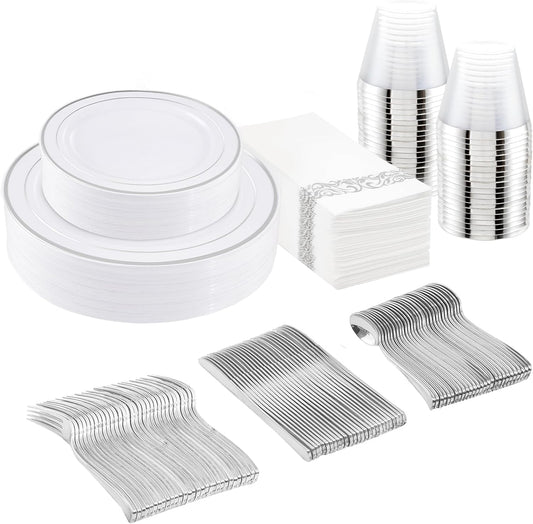 175Pcs Silver Plastic Dinnerware Set, Plastic Plates Disposable for 25 Guests Include:25 Dinner Plates, 25 Dessert Plates, 25 Paper Napkins, 25 Cups, 25 Silver Plastic Silverware Set