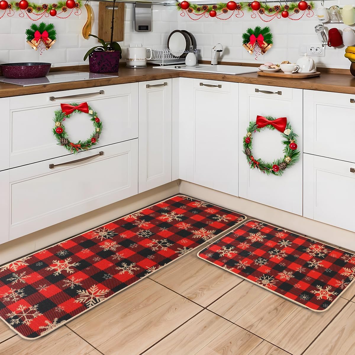 Larponder Christmas Snow Snowflake Kitchen Mats Set of 2, Non-Slip Absorbent Rug and Door Mats, Home Decor Kitchen Floor Rugs for Winter - 17x24 and 17x48 Inch