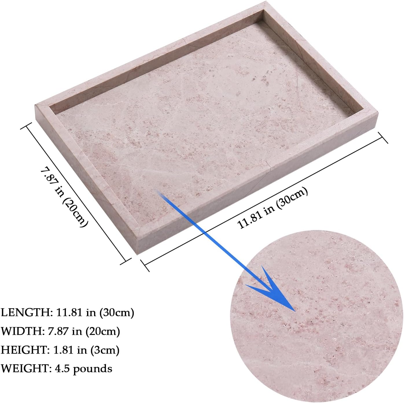 Yew & Tulip Natural Pink Marble Vanity Tray, Nature Rose Cream Marble Serving Tray for Bathroom, Kitchen, Vanity, Home Decor, Wedding etc. (12" x 8" x 1.2")