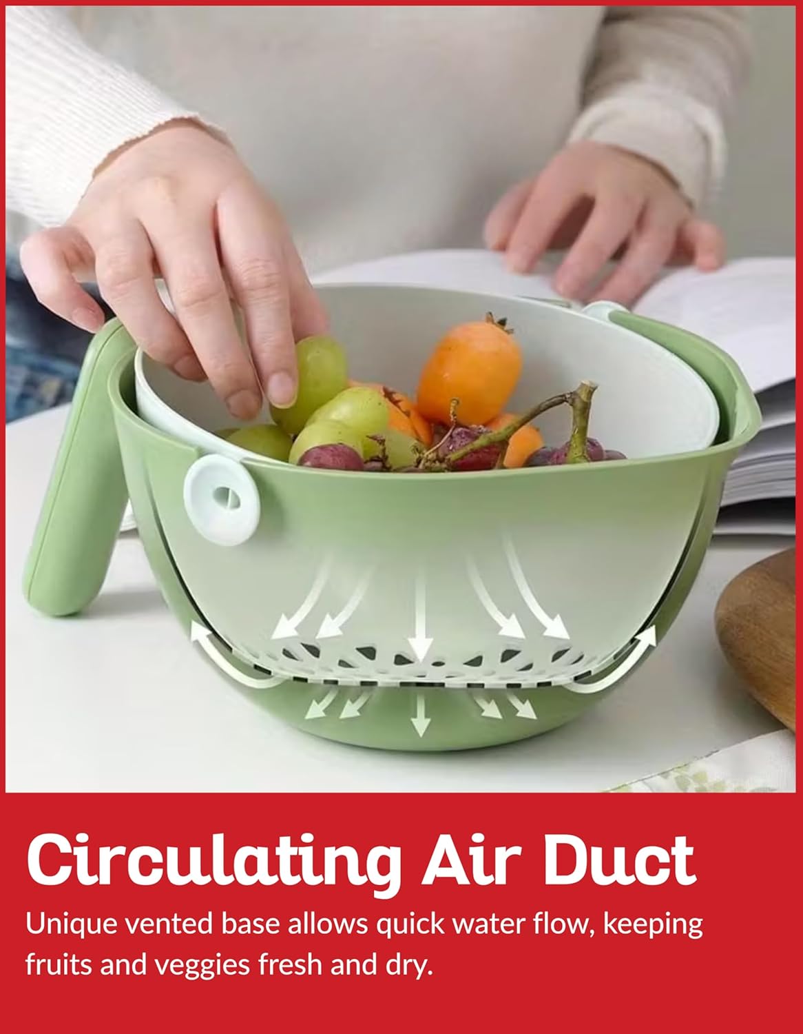 Multi Functional Draining Basket – Double Layer Colander & Bowl Set for Pasta, Fruits, Vegetables & Rice – Durable BPA-Free, Dishwasher Safe (Avocado Green)