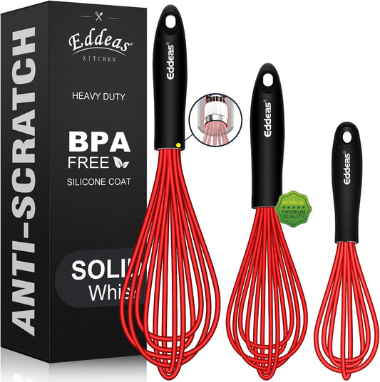 Silicone Whisk, 500°F Heat Resistant Whisks For Cooking, Non-Scratch Coated Whisks set of 3 7",9"&11inch, Balloon Kitchen Wisk tool Set, for Wisking, Blending, Beating, Stirring, Red