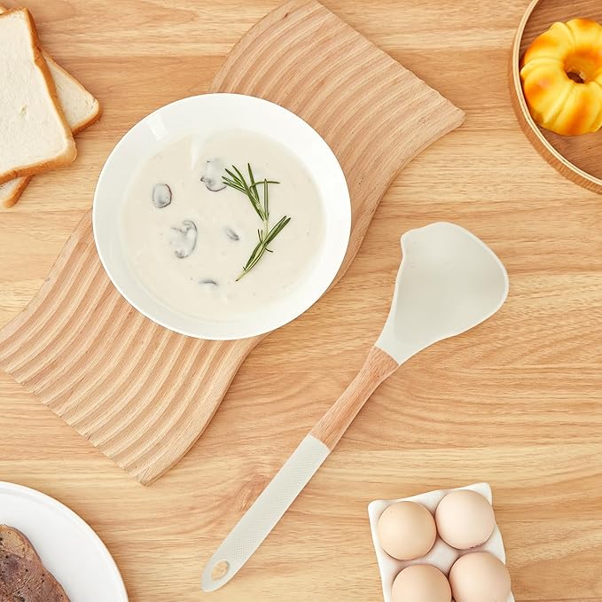 Kitchen Utensils Set - 7 PCS Non-Stick Silicone Cooking Utensils Set with Wooden Handle,Kitchen Gadgets Tools Set for Nonstick Cookware (Cream White-7Max)