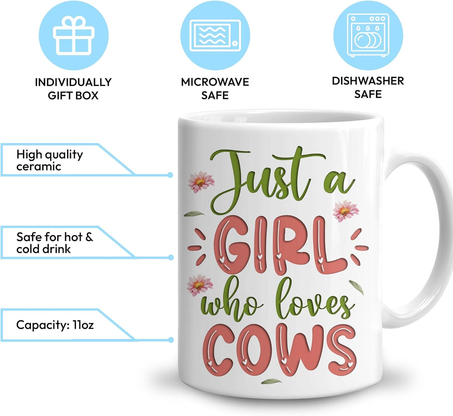 Hyturtle Personalized Gifts Cow Lover - Just A Girl Who Loves Cows Custom Name Ceramic Coffee Mug Cup 11oz - Idea Cute Animal Lover Gifts For Women, Girl Daughter On Birthday, Christmas