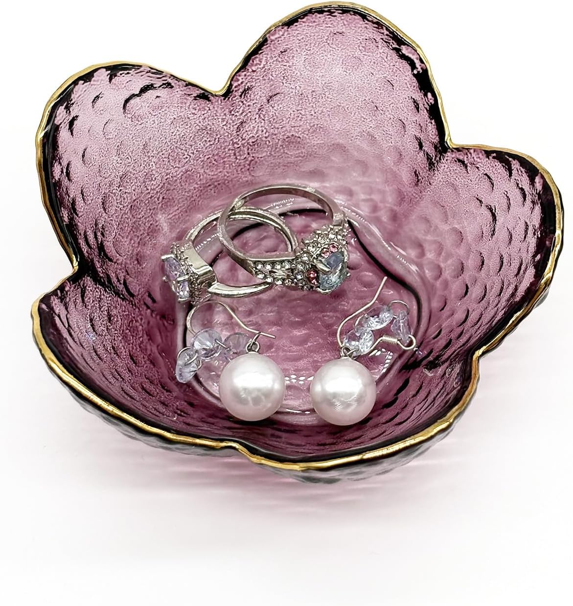 Purple Glass Jewelry Dish Tray, Birthday Gifts for Mom, Crystal Ring Holder for Women, Small Flower Ring Dish Jewlery Plate, Engagement Trinket Jewelry Tray, Nightstand Decor Jewerly Bowl