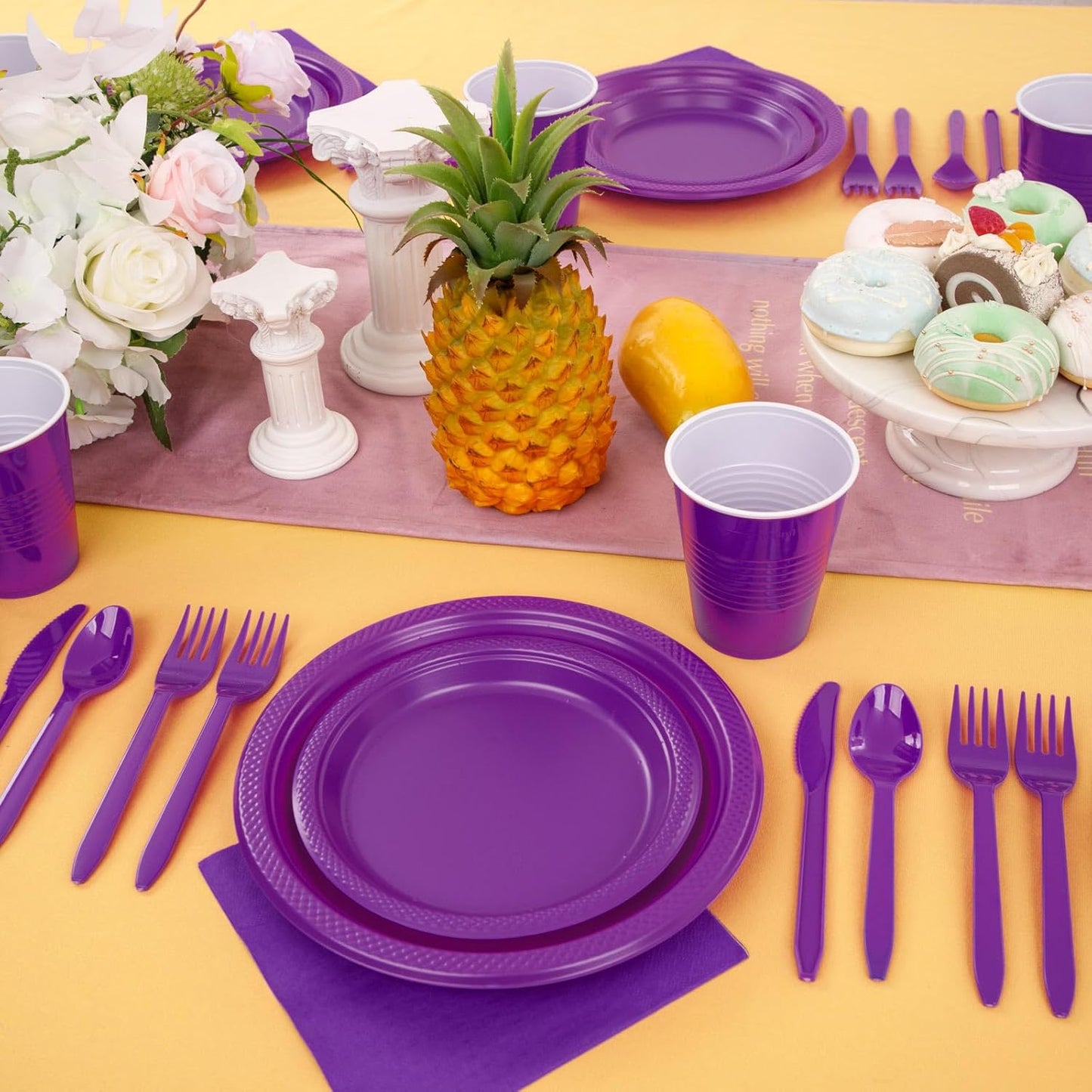 MirthMood 350Pcs Purple Party Supplies, Purple Plastic Dinnerware Set, Including Plates and Napkins, Plastic Cutlery and 12OZ Cups
