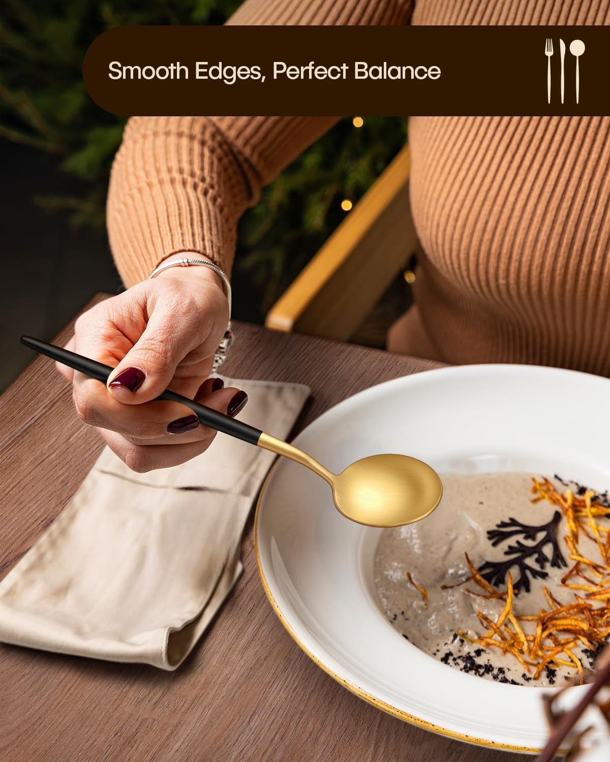 Stapava 40-Piece Matte Black Gold Silverware Set, Stainless Steel Gold Utensils Cutlery Set for 8, Satin Finish Flatware Include Forks Spoons and Knives Set for Home and Restaurant, Dishwasher Safe