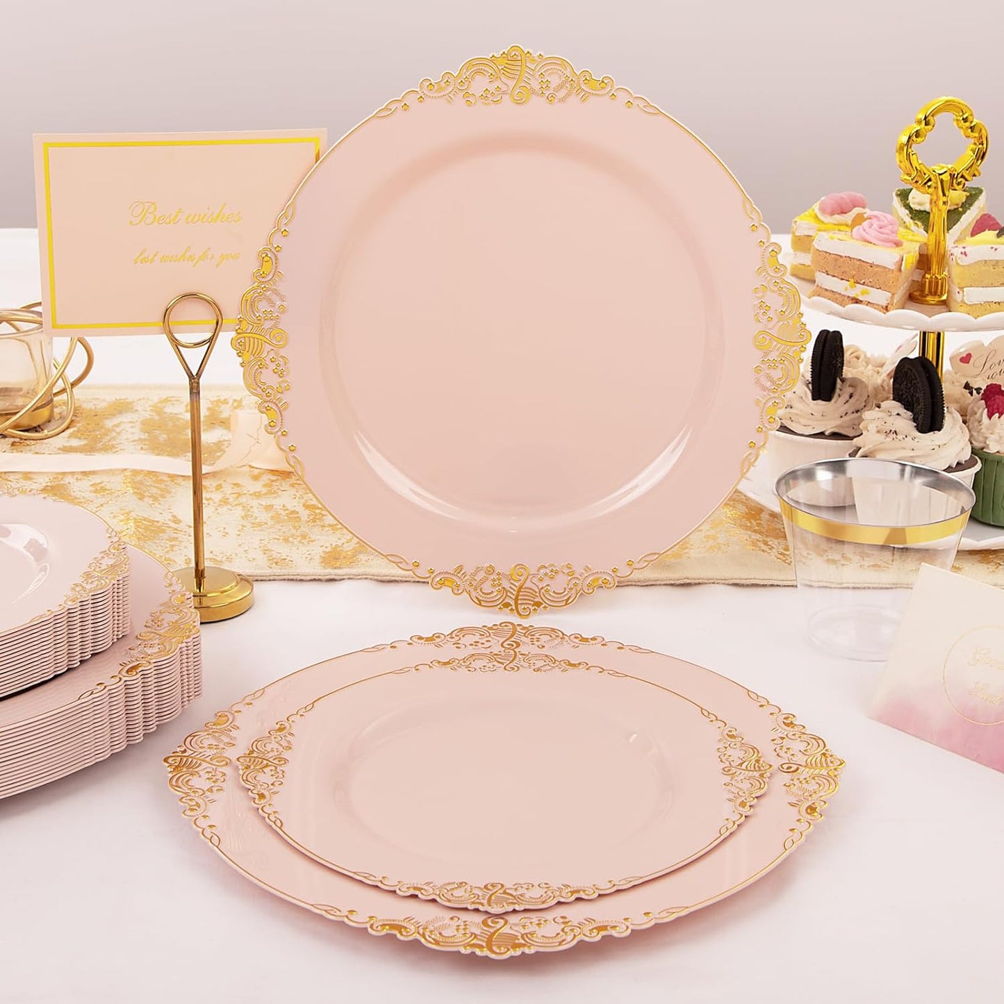Nervure 175PCS Pink Plastic Plates - Disposable Pink Gold Party Plates & Pre Rolled Napkins with Cutlery for 25 Guests, 50Plates, 75Silverware, 25Cups, 25Napkin for Wedding & Party