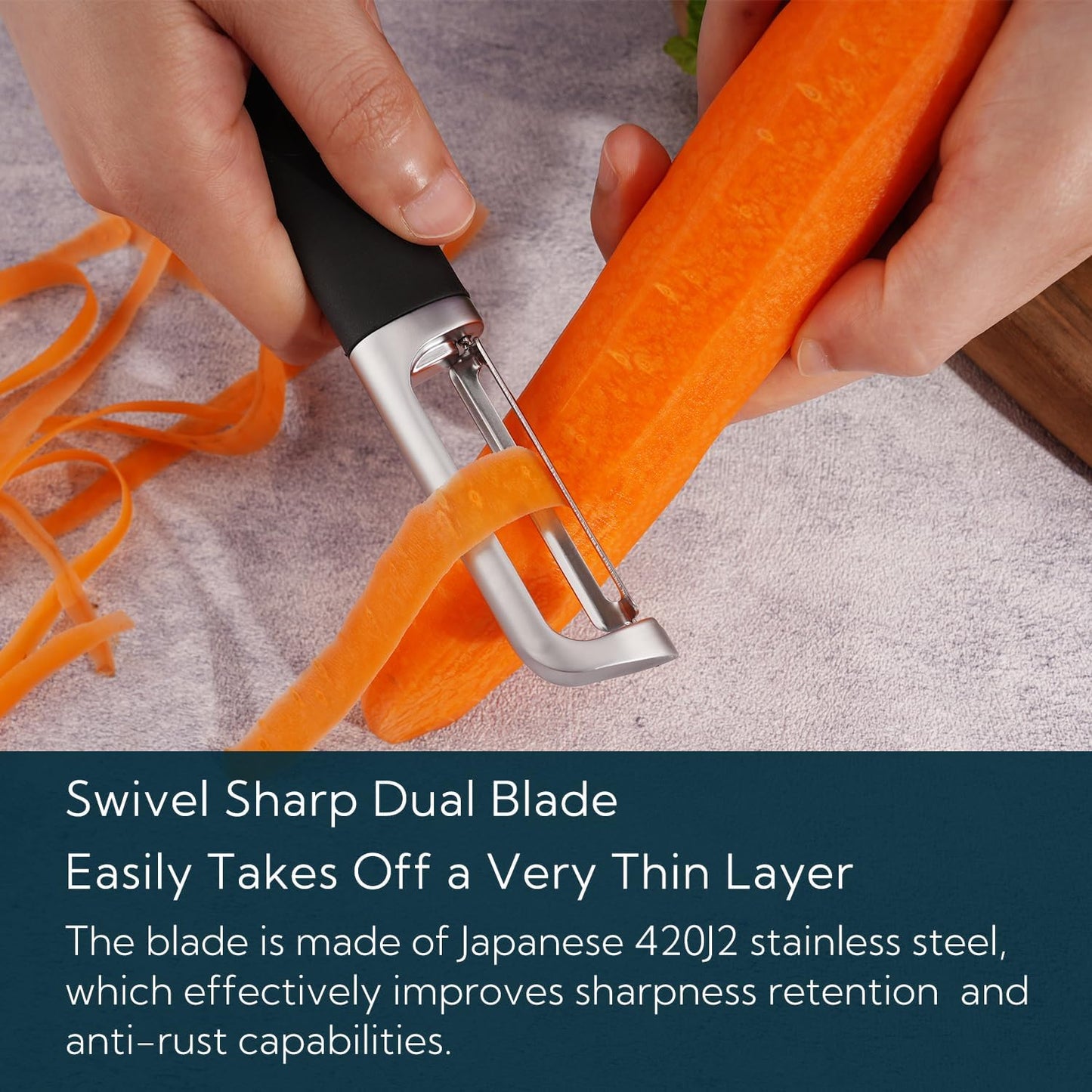 KITCHENDAO Swivel Vegetable Potato Peeler for Kitchen -Durable Japanese 420J2 Stainless Steel Sharp Dual Blade- Built-in Eye Remover, Ergonomic Soft-Touch Handle - Dishwasher Safe-Black