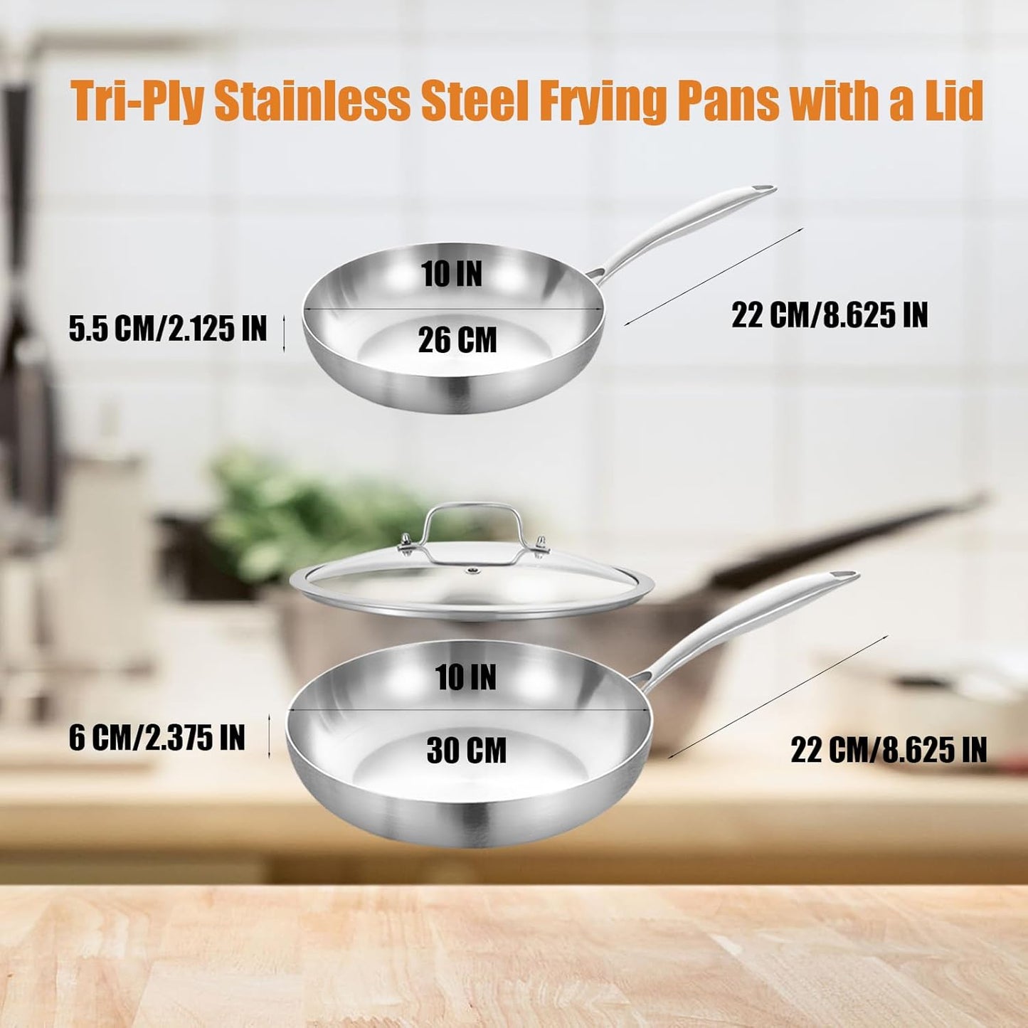 Inqibee 10-12 Inch Tri-Ply Stainless Steel Frying Pans with a Lid,Small Sauté Pan Set,Skillets,Induction Cooking Pans,Pots and Pans Set,Dishwasher and Oven Safe.