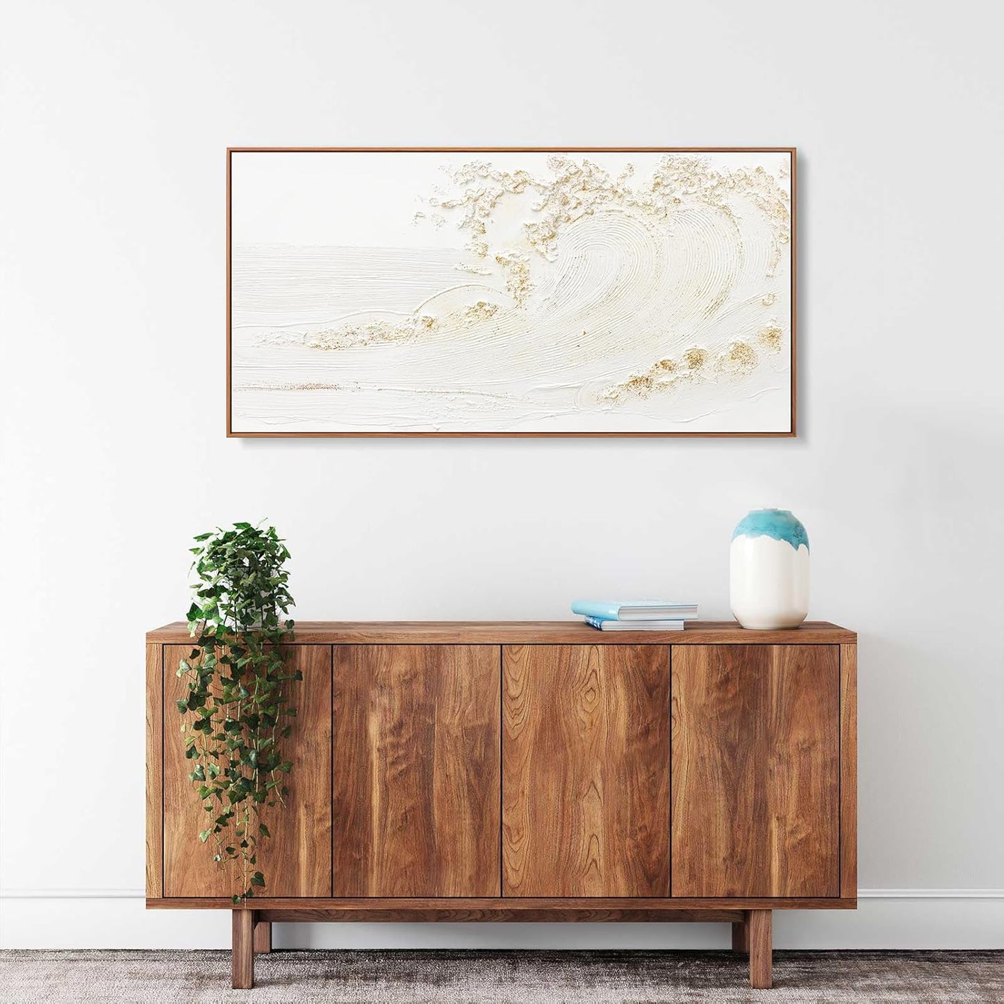 Wall Art Small Size Framed Home Artwork Decor Hand Painted White wave with golden embellishments Modern Canvas Painting For Living Room Decor For Bedroom Office Wall Decor 20"X 40"