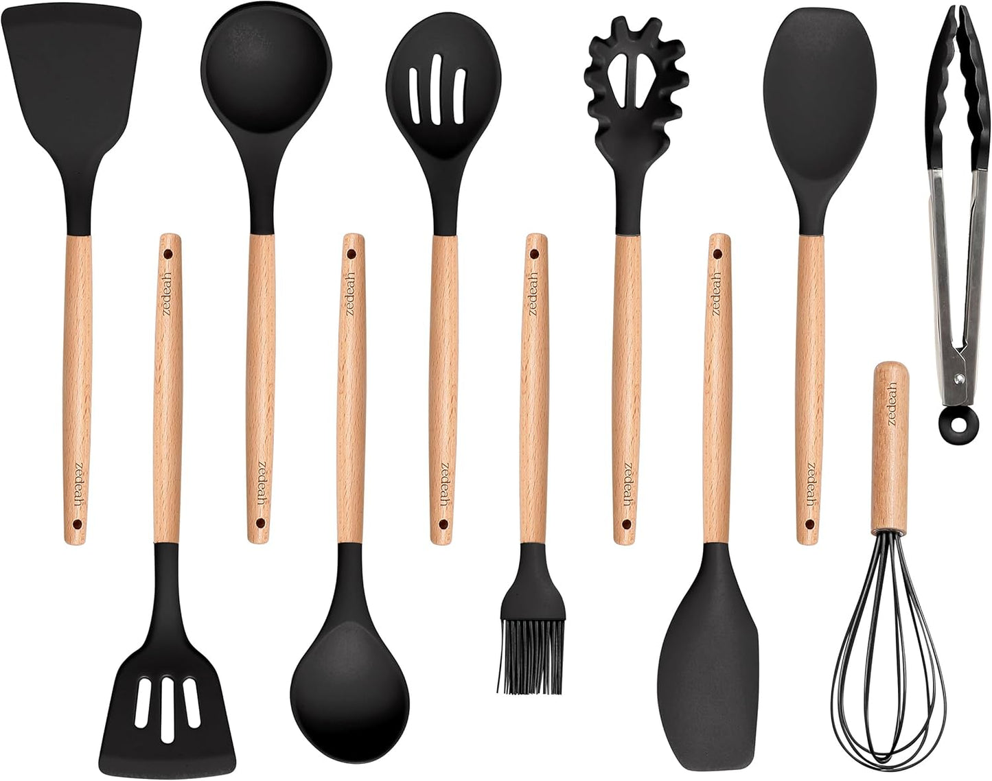 11-Piece Silicone Kitchen Utensil Set with Spatulas, Tongs, Whisk, Turner & Ladle – Heat Resistant, Non-Scratch Cooking Tools with Wooden Handles, Dishwasher Safe, BPA-Free (Black)