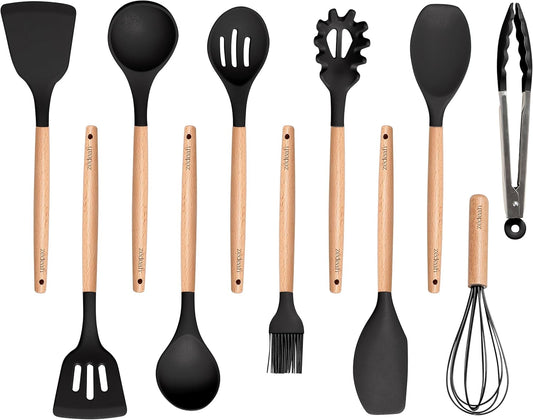 11-Piece Silicone Kitchen Utensil Set with Spatulas, Tongs, Whisk, Turner & Ladle – Heat Resistant, Non-Scratch Cooking Tools with Wooden Handles, Dishwasher Safe, BPA-Free (Black)